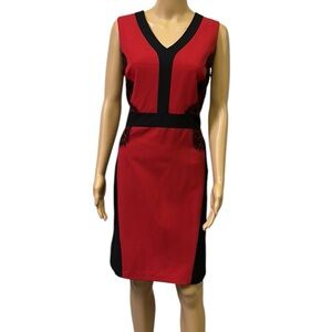 Phase Seven Designed Paris Red Black Lace Sleeveless V Neck Zip Midi Dress Sz 8